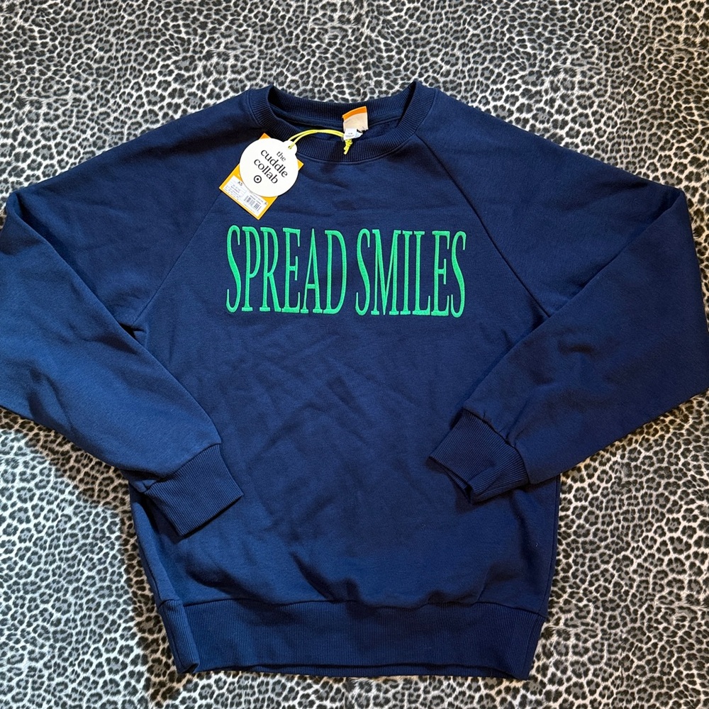 Cuddle Collab Spread Smiles Navy Blue Crewneck Sweatshirt Green Embroidery NWT - Picture 4 of 5